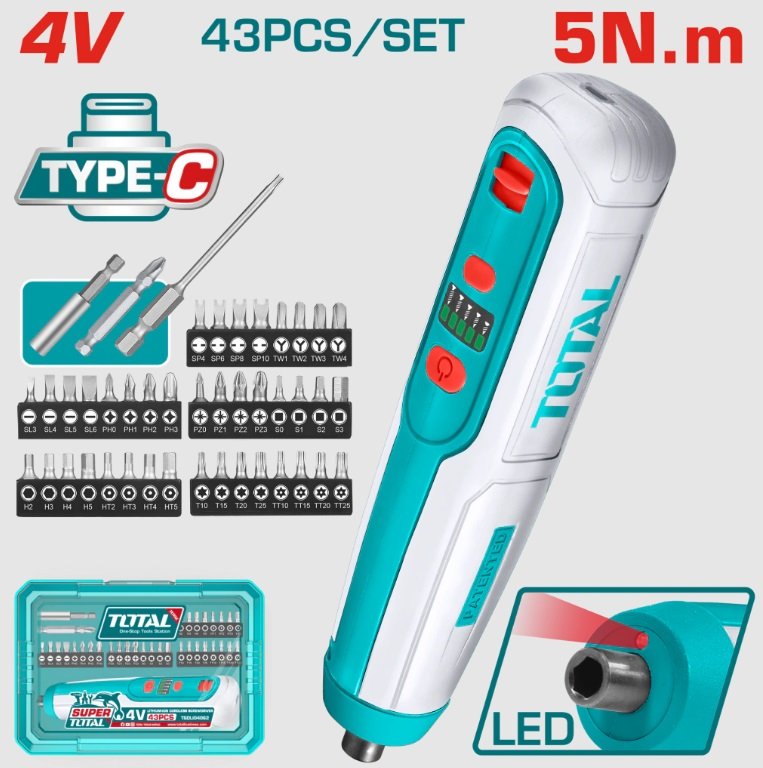 ATORNILLADOR 4V + 43 ACCESORIOS TOTAL TSDLI04062